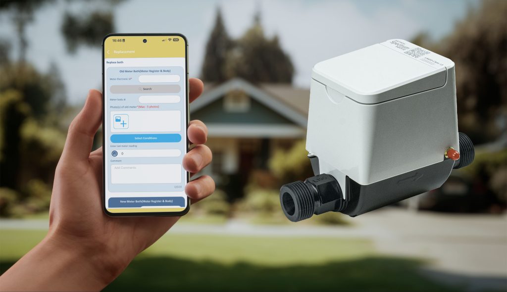 a phone with the WaterScope Utility app and the new Spectrum Wave ultrasonic water meter