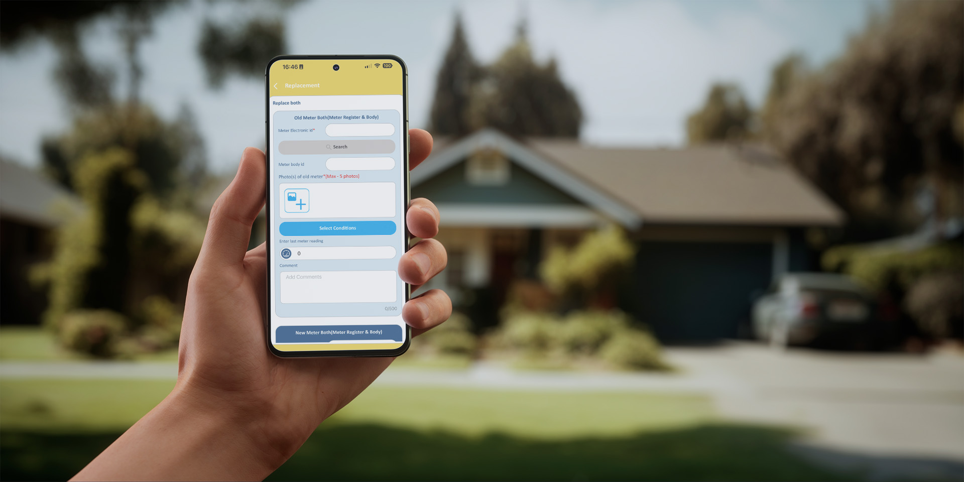 a hand holding a cellphone with the WaterScope Utility app in front of a house