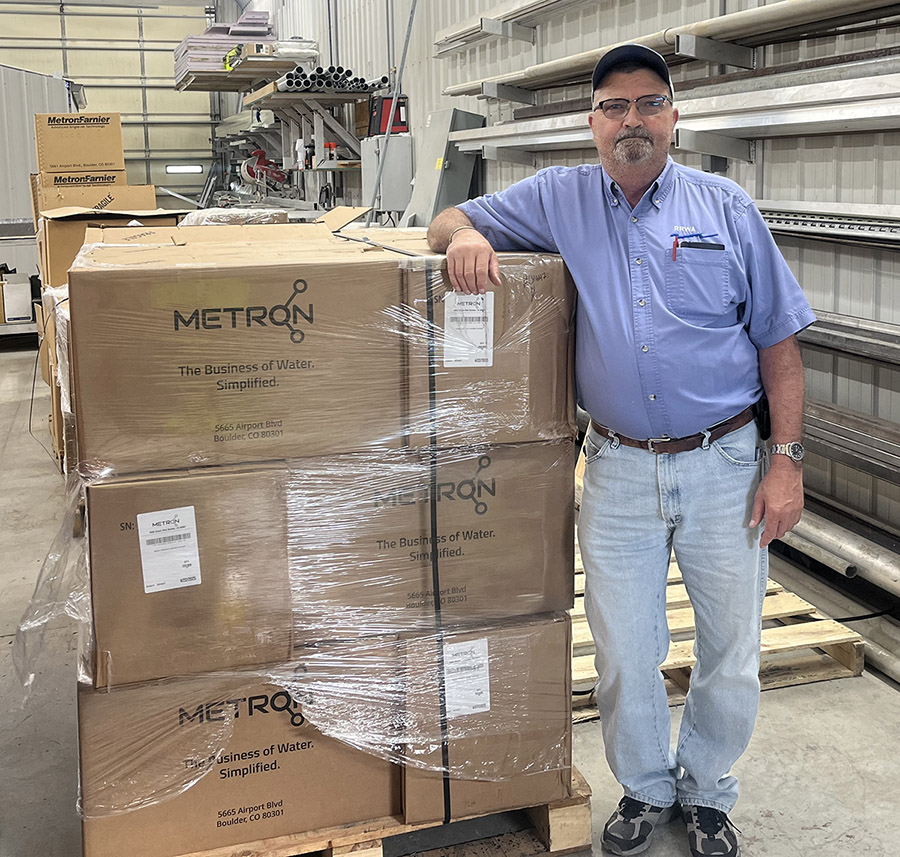 A shipment of Metron meters in the receiving area