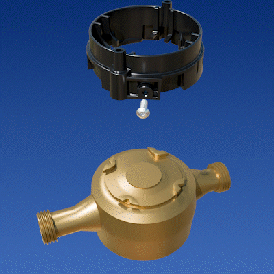 An animation of a Metron Prism register being installed on a third-party meter with an adapter ring