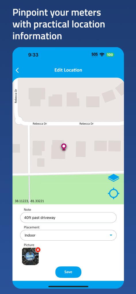 Screenshot of WaterScope Field App showing a map with the meter's location
