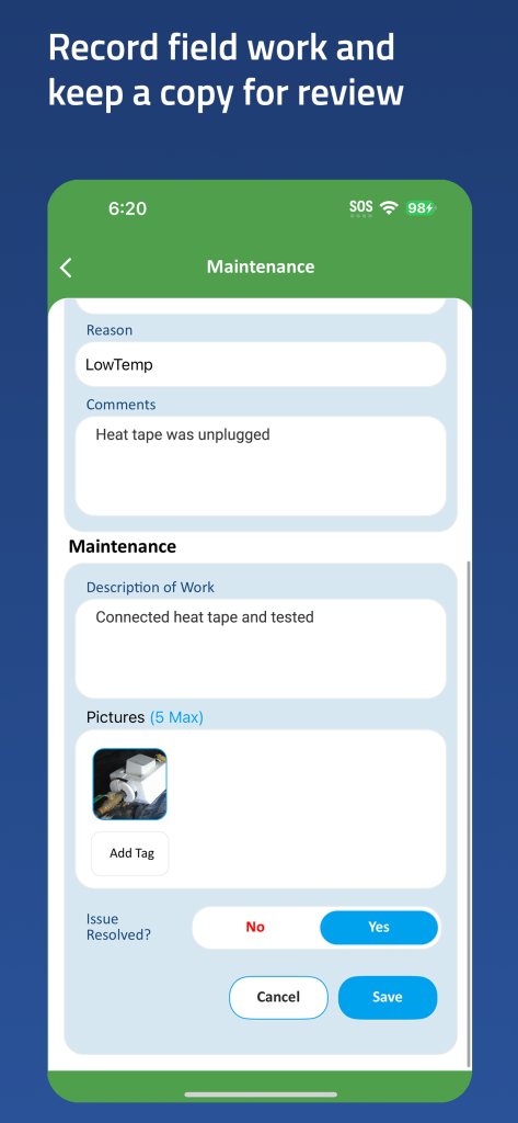 Screenshot of WaterScope Field App showing a maintenance record including a photo of the meter
