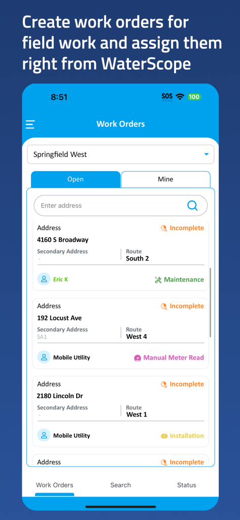 Screenshot of WaterScope Field App showing a list of work orders