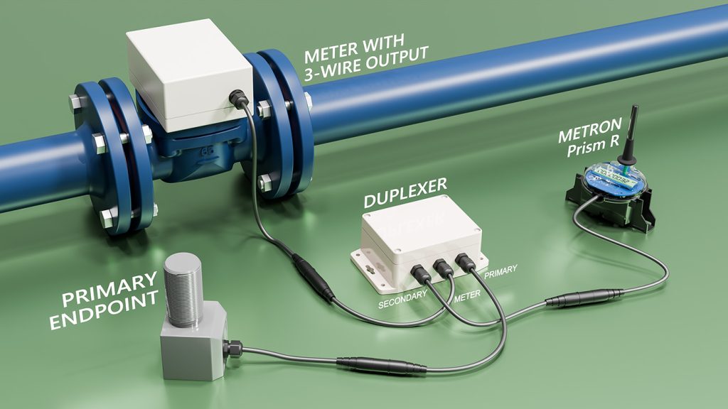 Rendered image showing how a SCADAmetrics duplexer can be used to add a Metron Prism R monitor to an existing meter/endpoint installation