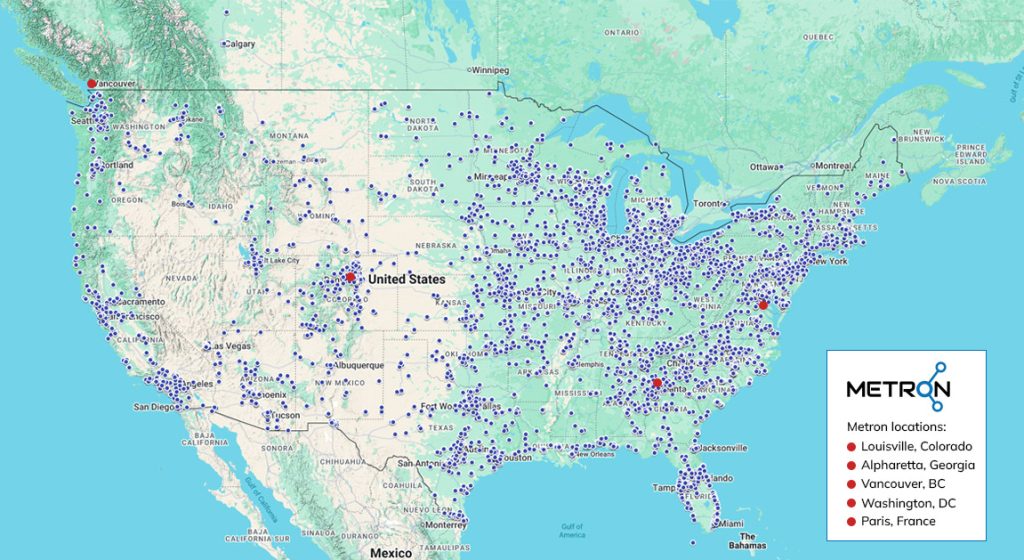 A map showing the locations of Metron's customers across the United States
